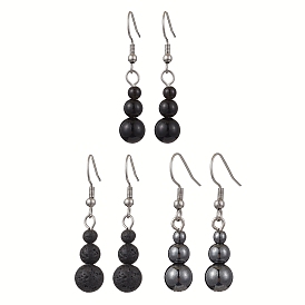 3 Pairs 3 Styles Natural Eyeless Obsidian & Lava Rock & Non-Magnetic Synthetic Hematite Dangle Earrings, with 304 Stainless Steel Ear Wires, Round