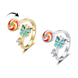 Windmill & Butterfly Rotating Ring with Zircon and Enamel, Ins Style, Open Cuff Index Finger Rings, Gift for Girlfriend