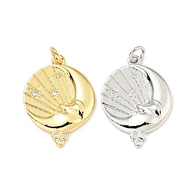 Brass Micro Pave Cubic Zirconia Pendants, Cadmium Free & Lead Free, Flat Round with Moon, Long-Lasting Plated