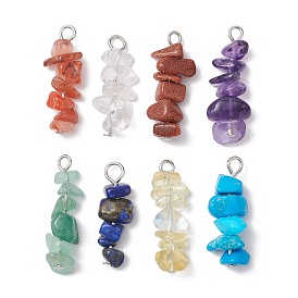 8Pcs 8 Styles Mixed Gemstone & Handmade Lampwork Chip Beaded Pendants, with Platinum Tone Iron Loops, Dyed & Heated