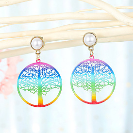 Colorful Tree of Life Earrings with Iron Hooks and Pearl Drops
