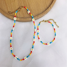 Colorful Ethnic Rice Bead Necklace and Bracelet Set with Creative Daisy Flower Jewelry Combo