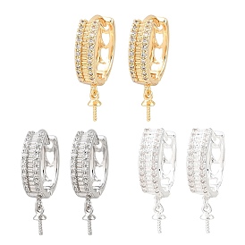 Brass Micro Pave Clear Cubic Zirconia Huggie Hoop Earring Findings, Heart Pattern, for Half Drilled Beads, Rack Plating, Long-lasting Plated
