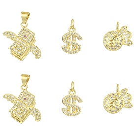 6 шт 3 стили латунные подвески из микропаве с фианитом, денежные амулеты, без свинца и без кадмия, долговечный, с целью перехода в кольце