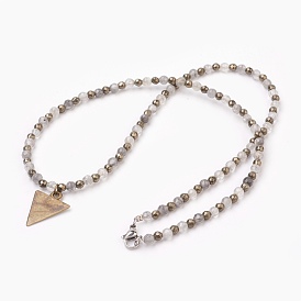 Alliage triangle triangle vierge pendentif colliers, avec quartz de nuage naturel, perles rondes en pyrite et fermoirs 304 en acier inoxydable pour pince de homard