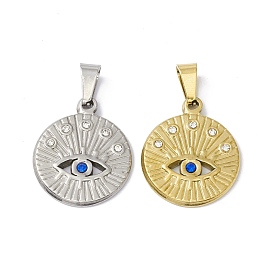 304 Stainless Steel Pendants, with Rhinestone, Flat Round with Horse Eye