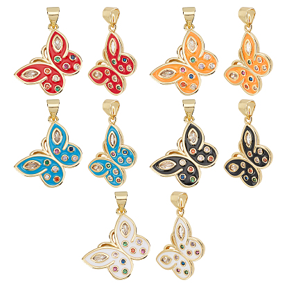 10Pcs 5 Colors Brass Micro Pave Clear Cubic Zirconia Pendants, with Enamel, Long-Lasting Plated, Real 18K Gold Plated, Butterfly