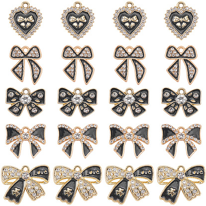 30шт 5 стили подвески со стразами из сплава, с черной эмалью, бантом и сердца