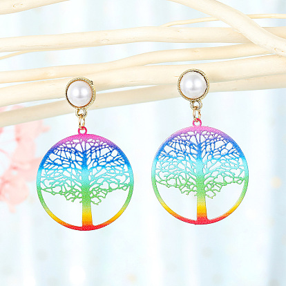 Colorful Tree of Life Earrings with Iron Hooks and Pearl Drops