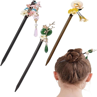 3Pcs 3 Styles Glass Hair Sticks, Hair Accessories for Women Girls, Flower