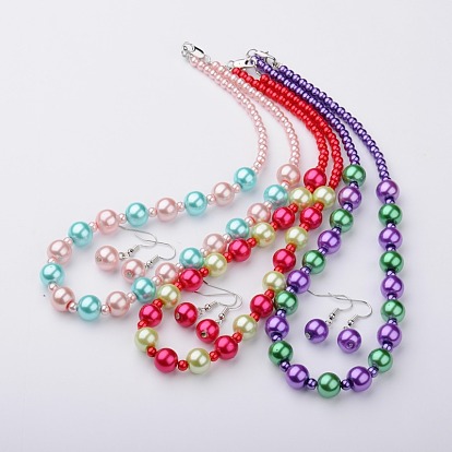 Glass Pearl Round Beads Jewelry Sets: Earrings & Necklaces, Platinum, 31mm, 16.5 inch 