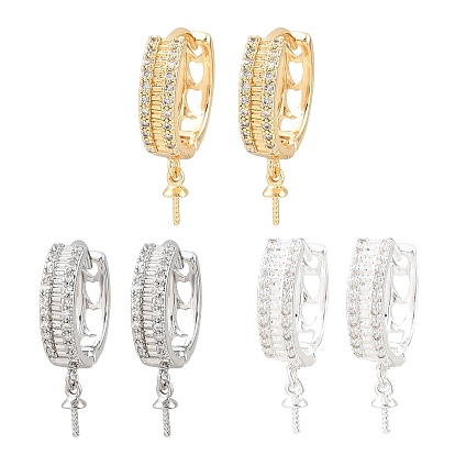 Brass Micro Pave Clear Cubic Zirconia Huggie Hoop Earring Findings, Heart Pattern, for Half Drilled Beads, Rack Plating, Long-lasting Plated