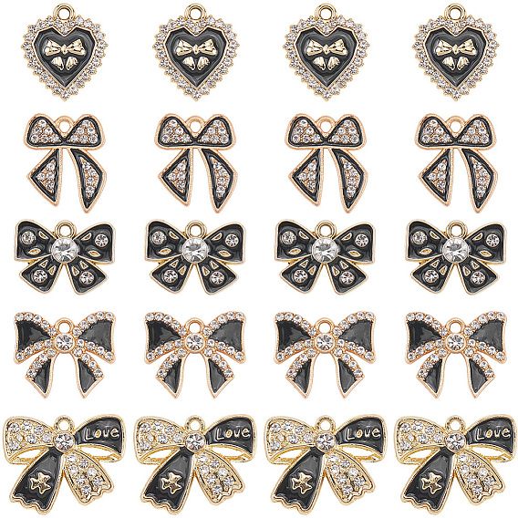 30шт 5 стили подвески со стразами из сплава, с черной эмалью, бантом и сердца