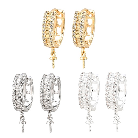 Micro pavé de latón, circonita cúbica transparente, pendientes de aro huggie, patrón del corazón, por medio perforó perlas, chapado en rack, larga duración plateado