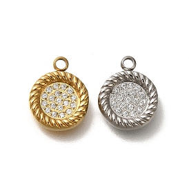 Ion Plating(IP) 304 Stainless Steel Rhinestone Pendants, Flat Round Charms