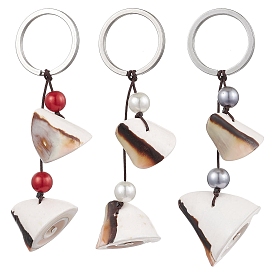 3Pcs Natural Shiva Eye Shell & Acrylic Imitation Pearl Pendant Keychain, with 304 Stainless Steel Clasps