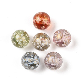Perles imprimées acryliques opaques, ronde avec des fleurs