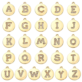 26 шт. 26 стили латунные микро-паве кубические циркониевые подвески, плоские круглые с буквы, реальный 18 k позолоченный