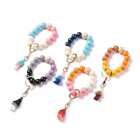 Round & Polygon Natural Wood Beads Stretch Bracelets Keychains, with Polycotton Tassel Pendant and Alloy Findings