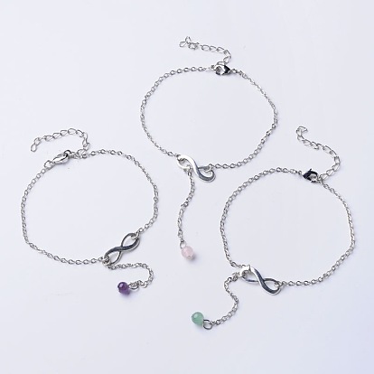 Anklets en alliage de l'infini, avec des perles de pierres fines, chaînes en laiton et fermoirs pince de homard, 230mm