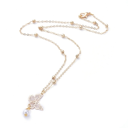 Pendant Necklaces, with Brass Links and Cable Chains, Acrylic Imitation Pearl, Alloy Lobster Claw Clasps, Butterfly