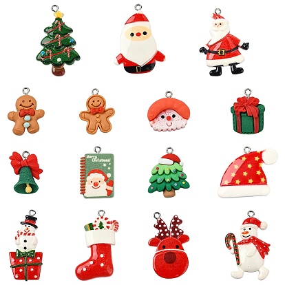 15шт 15 стили рождественские тематические подвески из непрозрачной смолы, с платиновыми тоновыми железными петлями