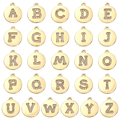 26 шт. 26 стили латунные микро-паве кубические циркониевые подвески, плоские круглые с буквы, реальный 18 k позолоченный