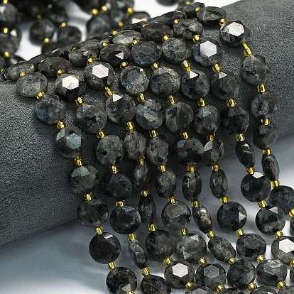 Натуральные нити бус из ларвикита, граненый шестиугольный разрез, плоско-круглые, с бисером