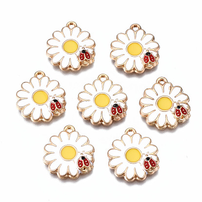 Eco-Friendly Alloy Enamel Pendants, Cadmium Free & Lead Free & Nickel Free, Light Gold, Flower with Beetle