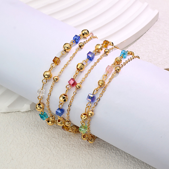 Элегантные женские браслеты на ногу в винтажном стиле из латуни, круглой и цветной кубической стеклянной цепочки, двухслойные, регулируемые