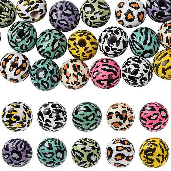 20Pcs 10 Colors Printed Wood Beads, Round with Leopard Print