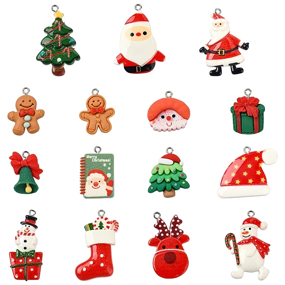 15шт 15 стили рождественские тематические подвески из непрозрачной смолы, с платиновыми тоновыми железными петлями
