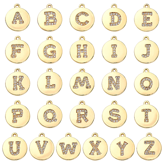 26 шт. 26 стили латунные микро-паве кубические циркониевые подвески, плоские круглые с буквы, реальный 18 k позолоченный