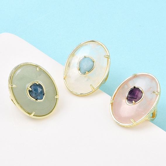Овальные кольца-манжеты из натуральных драгоценных камней, с латунной фурнитурой , золотые
