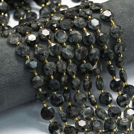 Натуральные нити бус из ларвикита, граненый шестиугольный разрез, плоско-круглые, с бисером