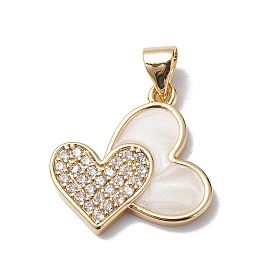 Brass Micro Pave Cubic Zirconia Pendants, with Enamel, Cadmium Free & Lead Free, Real 18K Gold Plated, Long-Lasting Plated, Double Heart Charm