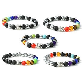 5Pcs 5 Style Natural & Synthetic Mixed Stone Beaded Stretch Bracelets Set, Tibetan Style Buddha Head Stackable Bracelets for Girl Women