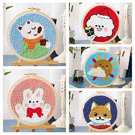 Sun/Dog/Bear/Rabbit Pattern Punch Embroidery Supplies Kits, including Embroidery Fabric & Yarn, Instruction Sheet