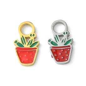 304 Stainless Steel Manual Polishing Charms, with Enamel, Potted Plant Charm