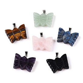 Natural
 Gemstone Carved Butterfly Pendants, Insect Charms with Platinum Plated Metal Snap on Bails