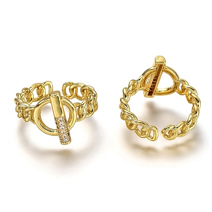 Brass Micro Pave Clear Cubic Zirconia Cuff Rings, Open Rings, Long-Lasting Plated, Curb Chain & Toggle Clasps Shape