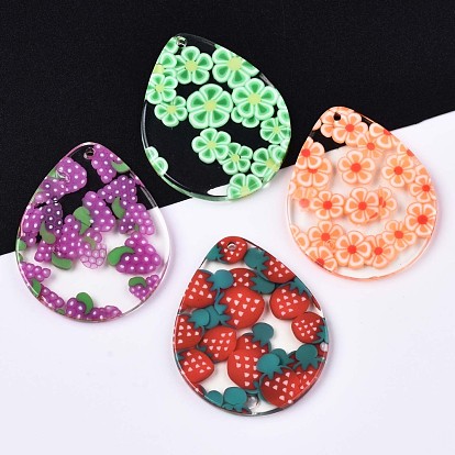 Autumn Theme Transparent Clear Cellulose Acetate(Resin) Pendants, Printed, Teardrop