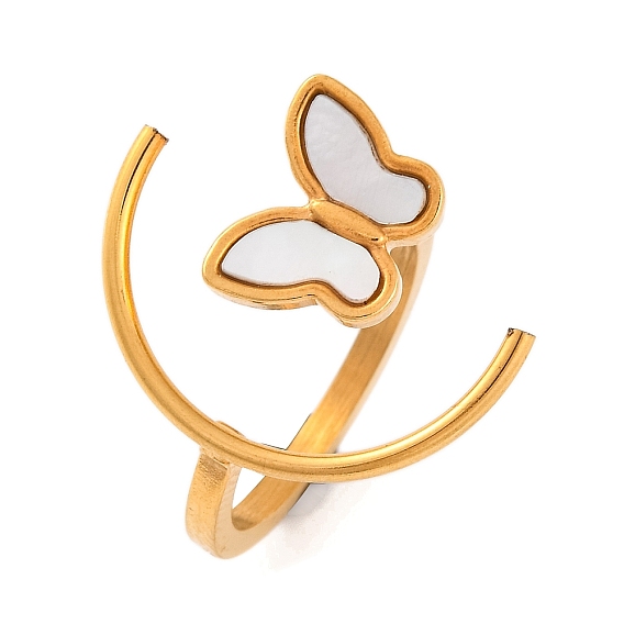 Ионное покрытие (IP) бабочка 304 открытые манжетные кольца из нержавеющей стали, женское кольцо с акриловой имитацией ракушки