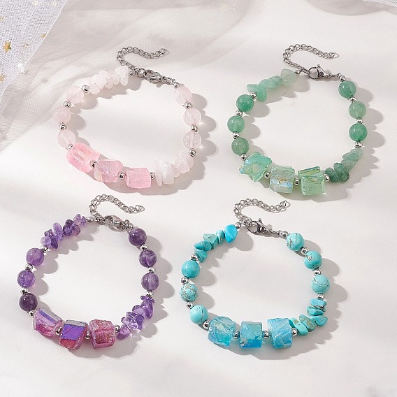 4Pcs Natural & Synthetic Mixed Gemstone Beaded Bracelets for Women, Round & Chip & Nuggets