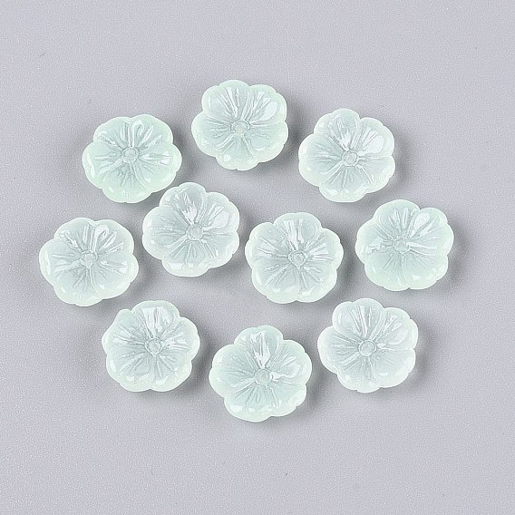 Transparent Spray Painted Glass Beads, Half Frosted, Flower
