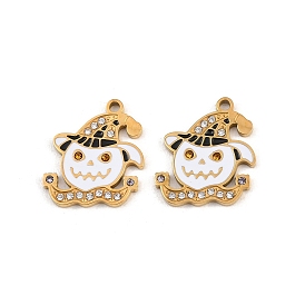 304 Stainless Steel Enamel Pendants, Ghost Charms, with Rhinestone, Ion Plating(IP)