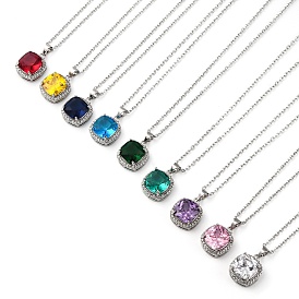 Square Brass Pave Cubic Zirconia Pendant Necklaces for Women, 304 Stainless Steel Cable Chain Necklaces, Stainless Steel Color