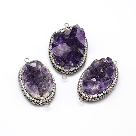 Oval Natural Druzy Amethyst Links Connectors, with Polymer Clay Rhinestone and Platinum Tone Brass Findings, 42~47x25~29x14~20mm, Hole: 2mm
