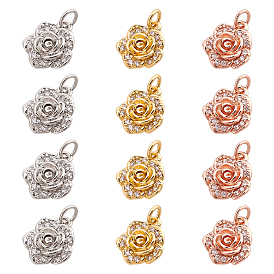 12Pcs 3 Colors Brass Micro Pave Clear Cubic Zirconia Charms, Long-Lasting Plated, Flower