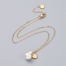 Glass Pearl Pendant Necklaces, with 304 Stainless Steel Findings, Brass Charms and Cable Chains